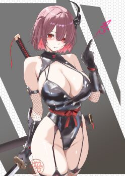 1977_oj3 1girl absurdres arm_guards bare_shoulders black_gloves black_leotard blush breasts cleavage colored_inner_hair cowboy_shot elbow_gloves embarrassed fishnet_gloves fishnet_thighhighs fishnets garter_straps gloves goddess_of_victory:_nikke grey_background highleg highleg_leotard highres holding holding_sword holding_weapon honeycomb_(pattern) horns katana kuji-in large_breasts leotard looking_at_viewer multicolored_hair ninja pubic_tattoo red_eyes red_hair red_ribbon ribbon sheath shiny_clothes short_hair single_horn solo standing sword tattoo thighhighs weapon weapon_on_back ziz_(nikke)