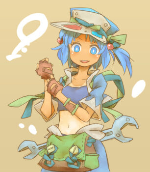 1girl 3d_glasses beads blue_eyes blue_hair blue_hat blue_jacket blue_skirt blue_sports_bra blush bright_pupils brown_background brown_gloves collarbone commentary_request cowboy_shot fingerless_gloves gloves goggles green_bag hair_beads hair_ornament hands_up hat jacket kawashiro_nitori navel open_mouth short_hair short_sleeves skirt smile solo sports_bra stomach tan teeth touhou two_side_up upper_teeth_only white_pupils wrench ziro_(daydozen)