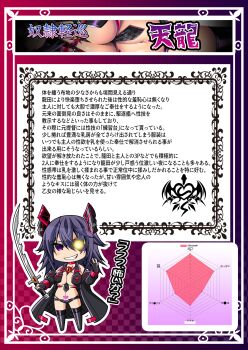 1girl absurdres abyssal_ship alternate_costume alternate_eye_color bare_shoulders between_breasts black_gloves black_thighhighs boots breast_pocket breasts character_name chart checkered_background checkered_clothes checkered_necktie chibi choker cleavage clenched_teeth corruption dark_persona evil_grin evil_smile fake_horns full_body gloves grin heart heart_tattoo highleg highleg_panties highres holding holding_sword holding_weapon horn_ornament horned_headwear horns jacket japanese_text kantai_collection large_breasts latex latex_boots latex_gloves looking_at_viewer medium_hair micro_shorts midriff militia_minpei navel necktie necktie_between_breasts panties partially_fingerless_gloves pasties pocket pubic_tattoo purple_eyes purple_hair purple_jacket revealing_clothes shorts skin_tight smile solo sword tattoo teeth tenryuu_(kancolle) thick_thighs thigh_boots thighhighs thighs thong translated underwear weapon