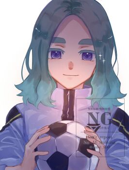 1boy absurdres aqua_hair artist_name bad_tag ball blue_eyes blush cake_x00 english_text highres holding holding_ball inazuma_eleven_(series) inazuma_eleven_victory_road jacket looking_at_viewer male_focus medium_hair multicolored_hair sasanami_unmei simple_background soccer_ball solo translation_request two-tone_hair upper_body watermark white_background white_jacket