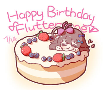 1girl =_= blue_bow blueberry bow brown_hair cake chibi dated eating flutterpage food fruit hair_bow hands_up happy_birthday heart in_food mini_person minigirl multiple_hair_bows nijiiro_diary pink_bow reverse:1999 short_hair solo strawberry strawberry_cake upper_body white_background