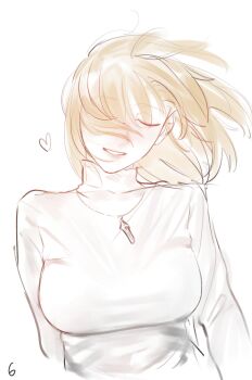 1girl arcueid_brunestud blonde_hair breasts closed_eyes heart highres jewelry large_breasts leodot muted_color pendant short_hair simple_background solo sweater tsukihime tsukihime_(remake) upper_body white_background white_sweater