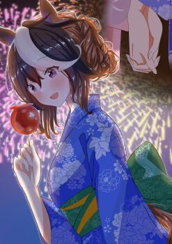 1girl :d absurdres aerial_fireworks alternate_costume alternate_hairstyle animal_ears blue_kimono blurry blurry_background blush braid braided_bun brown_hair candy_apple commentary_request dutch_angle eyes_visible_through_hair fireworks floral_print food from_side green_sash hair_between_eyes hair_bun hand_up highres holding holding_candy_apple holding_food holding_hands horse_ears horse_girl horse_tail irony_(panda153do) japanese_clothes kimono looking_at_viewer multicolored_hair night obi open_mouth projected_inset purple_eyes sash sidelocks smile solo_focus summer_festival symboli_rudolf_(umamusume) tail umamusume upper_body wide_sleeves yukata