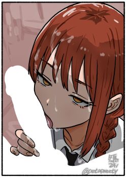Rule 34 | 1boy, 1girl, black necktie, blank censor, border, braid, censored, chainsaw man, commentary request, cum, cum on body, cum on hair, facial, fellatio, fuyudori yukino, hetero, highres, licking, licking penis, makima (chainsaw man), necktie, oral, penis, pov, red hair, ringed eyes, shirt, white border, white shirt, yellow eyes