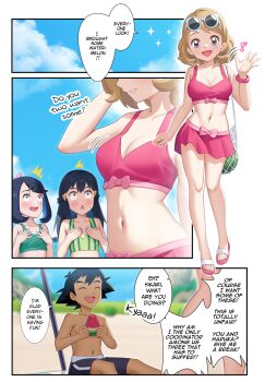 Rule 34 | 3girls, ash ketchum, bare shoulders, bikini, bikini skirt, black hair, blue eyes, blue hair, bracelet, breast envy, breasts, cleavage, collarbone, colored inner hair, commentary request, dawn (pokemon), english text, eyewear on head, food, fruit, full body, gazing eye, green bikini, hair between eyes, highres, jewelry, liko (pokemon), long hair, medium breasts, medium hair, multicolored hair, multiple girls, navel, nintendo, open mouth, pink bikini, pokemon, pokemon (anime), pokemon (creature), pokemon bw (anime), pokemon horizons, pokemon journeys, sandals, serena (pokemon), speech bubble, stomach, striped bikini, striped clothes, sunglasses, swimsuit, watermelon, watermelon slice