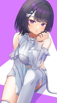 1girl absurdres bare_shoulders blush breasts commentary_request detached_sleeves hair_ornament hairclip highres koshimizu_toru large_breasts long_hair long_sleeves looking_at_viewer midriff mihaeru nijisanji purple_eyes purple_hair shirt short_shorts shorts sitting solo thighhighs virtual_youtuber white_shirt white_thighhighs