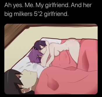 Rule 34 | 1boy, 2girls, 500 dollar four foot tall mareep (meme), :3, araragi koyomi, ass, black hair, blue hair, breasts, closed mouth, completely nude, english text, expressionless, futon, grey eyes, hanekawa tsubasa, indoors, large breasts, lying, meme, monogatari (series), multiple girls, nude, on back, purple hair, sashimifiend, senjougahara hitagi, short hair, sleeping, thighs, yuri