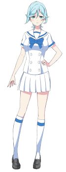 1girl absurdres blue_eyes blue_hair breasts full_body hand_on_own_hip henkei_shoujo highres nana_(henkei_shoujo) official_art sailor sailor_collar school_uniform serafuku shoes skirt socks solo