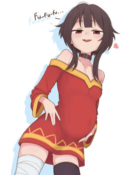 1girl :d andreypavlow asymmetrical_legwear bandaged_leg bandages bare_shoulders big_belly black_choker black_thighhighs blush breasts brown_hair choker collar collarbone covered_navel cowboy_shot dress dutch_angle english_text half-closed_eyes hand_on_own_stomach hands_on_own_stomach heart kono_subarashii_sekai_ni_shukufuku_wo! loli long_sleeves looking_at_viewer megumin mismatched_legwear off-shoulder_dress off_shoulder open_mouth pregnant red_dress red_eyes short_dress short_hair short_hair_with_long_locks sidelocks simple_background single_thighhigh small_breasts smile smug solo standing teeth thighhighs upper_teeth_only white_background zettai_ryouiki