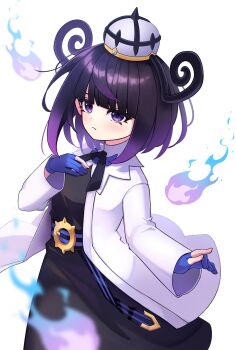 1girl belt belt_buckle black_hair blue_gloves blunt_bangs bob_cut buckle closed_mouth coat fire gloves gradient_hair gwynn_(pokemon) hat highres long_sleeves looking_at_viewer multicolored_hair nintendo o-ring o-ring_belt open_clothes open_coat partially_fingerless_gloves pokemon pokemon_legends:_z-a purple_eyes purple_fire purple_hair relight short_hair solo white_background white_coat
