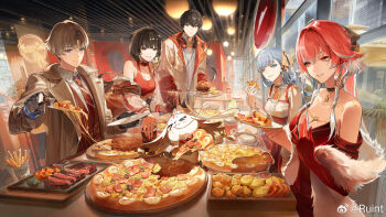 2boys 3girls abby_(wuthering_waves) bare_shoulders black_gloves black_hair blue_eyes body_markings bow braid breasts bright_pupils brown_coat brown_hair burger changli_(wuthering_waves) chinese_commentary chinese_text cleavage coat collarbone collared_shirt colored_extremities colored_eyelashes colored_inner_hair commentary_request crop_top cup dress drinking_glass earrings eating fast_food feather_boa female_rover_(wuthering_waves) food fork french_fries gloves hair_bow hair_extensions hair_intakes hair_ribbon headphones headphones_around_neck highres holding holding_cup holding_food holding_fork holding_pizza holding_plate indoors jacket jewelry jinhsi_(wuthering_waves) large_breasts long_hair looking_at_viewer male_rover_(wuthering_waves) mechanical_hands multicolored_hair multiple_boys multiple_girls necktie off_shoulder official_alternate_costume official_art parted_lips pink_hair pizza pizza_hut plate red_dress red_hands red_necktie red_shirt red_skirt red_vest ribbon ring_hair_extensions rover_(wuthering_waves) ruint shirt single_glove single_mechanical_hand skirt smile strapless strapless_dress striped_clothes striped_necktie triangle_earrings twin_braids two-tone_hair vest white_eyelashes white_eyes white_hair white_jacket white_pupils white_shirt wuthering_waves xiangli_yao_(wuthering_waves) yellow_bow yellow_eyes yellow_ribbon