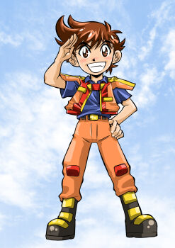 1boy black_footwear blue_shirt boots brown_eyes brown_hair child cloud cloudy_sky commentary commentary_request day full_body highres jacket looking_at_viewer machine_robo machine_robo_rescue male_focus oozora_taiyou orange_jacket orange_pants outdoors ozora_taiyou pants salute shirt sky smile teeth tsushima_naoto
