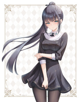 1girl akiyomi amaya_tsubame aqua_eyes black_dress black_hair black_pantyhose blush breasts closed_mouth collar cowboy_shot dress gakuen_idolmaster half-closed_eyes high_ponytail highres idolmaster large_breasts long_sleeves looking_at_viewer mole mole_under_eye pantyhose ponytail short_dress sidelocks solo white_collar