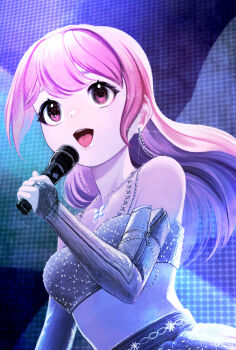 1_hcs 1girl argyle_tank_top bare_shoulders black_bridal_gauntlets black_skirt bloom_up_(nikki) bridal_gauntlets butterfly_net cowboy_shot earrings eyelashes floating_hair hand_net happy high-waist_skirt highres holding holding_microphone idol jewelry long_hair looking_ahead microphone music nikki_(nikki) nikki_(series) open_mouth pink_eyes pink_hair pleated_skirt ring shining_nikki singing skirt smile solo stage standing tank_top teeth upper_teeth_only white_tank_top zipper