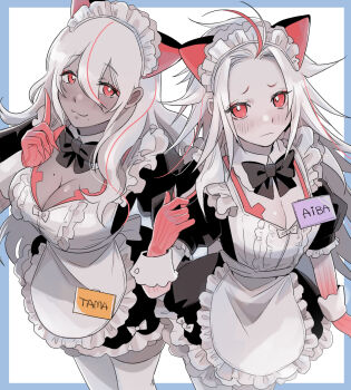 2girls :3 absurdres ai_the_somnium_files ai_the_somnium_files:_nirvana_initiative aiba_(ai_the_somnium_files) animal_ears apron black_boots black_dress blue_border boots border bow breasts bright_pupils cat_ears cleavage commentary commentary_request dark-skinned_female dark_skin detached_collar dress english_commentary frilled_dress frills hair_between_eyes highres large_breasts long_hair looking_at_viewer maid maid_apron maid_headdress mixed-language_commentary mole mole_on_breast mole_under_mouth multicolored_hair multiple_girls name_tag ookutsuwa_waga outside_border puffy_short_sleeves puffy_sleeves red_eyes red_streaks short_sleeves streaked_hair tama_(ai_the_somnium_files) thighhighs white_apron white_background white_bow white_hair white_pupils white_thighhighs wrist_cuffs
