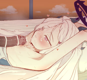 1boy 1girl armpits arms_up bar_censor black_horns blue_archive blush boy_on_top breasts censored closed_mouth clothes_pull cum cum_on_body demon_girl demon_horns facial halo heart hetero highres hina_(blue_archive) hina_(swimsuit)_(blue_archive) horns loli long_hair lying naizuri nipples niss_oekaki official_alternate_costume on_back one-piece_swimsuit_pull paizuri purple_eyes purple_halo small_breasts solo_focus sweat white_hair