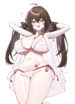 Rule 34 | 1girl, absurdres, ahoge, arm up, armpits, arms behind head, bikini, blue eyes, breasts, brown hair, cleavage, collarbone, commentary request, commission, covered erect nipples, cowboy shot, crotch, fang, flower tattoo, hair between eyes, hair lift, hands in own hair, highres, jewelry, korean commentary, large breasts, long hair, looking at viewer, multi-strapped bikini bottom, navel, necklace, omamori, open clothes, open mouth, original, ribbon-trimmed bikini, ribbon trim, second-party source, see-through clothes, side-tie bikini bottom, sidelocks, simple background, skindentation, smile, solo, standing, stomach, string bikini, sweat, swimsuit, taiyaki12, takamiya keika, tattoo, thighs, underboob, white background, white bikini