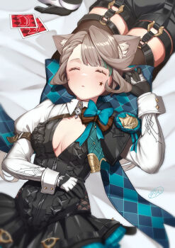 1boy 1girl animal_ears black_gloves bow breasts brown_hair card cat_ears cat_girl closed_eyes commentary_request genshin_impact gloves hair_bow long_hair lying lynette_(genshin_impact) lyney_(genshin_impact) on_back parted_lips sawamaru_0528 solo_focus two-tone_gloves white_gloves