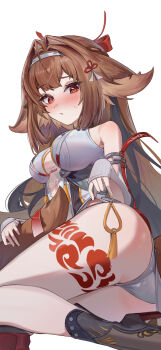 Rule 34 | 1girl, animal ears, ass, black streaks, blush, breasts, brown hair, china dress, chinese clothes, clover hair ornament, commentary, commentary request, dress, droopy ears, embarrassed, english commentary, fox ears, fox girl, fox tail, hair ornament, headband, high heels, highres, korean commentary, leg tattoo, lifting own clothes, medium breasts, panties, red eyes, sleeveless, sweatdrop, tail, tassel, tattoo, thighs, underwear, user negy5372, white background, white panties, ye shunguang, zenless zone zero