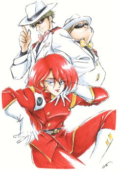 1girl 2boys adjusting_clothes adjusting_headwear arm_rest artist_collaboration artist_name back-to-back belt black_belt black_ribbon black_shirt boots bow bowtie breasts brown_hair buttons closed_mouth collaboration_request collared_shirt commentary crossed_legs derivative_work double-breasted dress_shirt earrings elbow_gloves emblem eyeshadow fat fat_man fedora formal_clothes from_side fushigi_no_umi_no_nadia gloves grandis_granva green_eyes hair_between_eyes half-closed_eyes hand_on_own_cheek hand_on_own_face hand_up hanson_(nadia) hat hat_ribbon hatching_(texture) highres invisible_chair jacket jewelry knee_boots knee_up large_breasts lips lipstick long_hair long_sleeves looking_at_viewer looking_up makeup marker_(medium) medium_breasts military_uniform monochrome multiple_boys narrow_waist naughty_face pants parted_bangs pink_bow pink_bowtie purple_eyeshadow red_hair red_jacket red_lips red_pants redrawn ribbon sanpaku sanson_(nadia) shirt signature simple_background sitting sketch smile solo straight_hair stud_earrings suit suit_jacket sunglasses traditional_media triangular_eyewear turtleneck wakkaa white_background white_boots white_gloves white_hat white_jacket white_suit yellow_bow yellow_bowtie