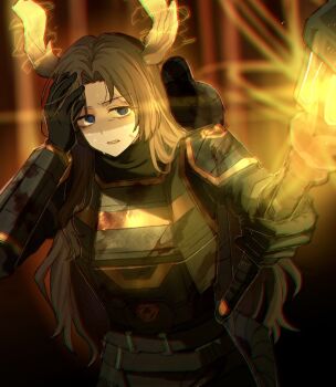 1girl antlers armor black_gloves blood blue_eyes blue_pupils blurry blurry_background brown_hair commentary_request gloves highres horns korean_commentary limbus_company long_hair looking_at_viewer project_moon r_corp._(identity)_(project_moon) reindeer_antlers rodion_(project_moon) solo ssup_ddi standing sweat upper_body