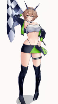 1girl arm_up bandeau black_boots black_jacket black_panties black_skirt boots breasts brown_hair checkered_flag cosplay cropped_jacket detached_collar flag flipped_hair full_body green_eyes green_jacket green_skirt grin hand_on_own_hip headgear high_heel_boots high_heels highleg highleg_panties highres holding holding_flag jacket kantai_collection large_breasts mesera microskirt multicolored_jacket mutsu_(kancolle) navel panties race_queen radio_antenna short_hair skirt smile strapless thigh_strap tube_top two-tone_jacket two-tone_skirt underwear white_tube_top zuikaku_(kancolle) zuikaku_(kancolle)_(cosplay) zuikaku_(race_queen)_(kancolle)