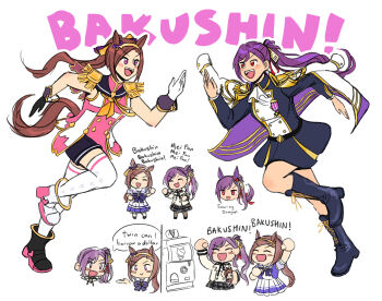 2girls :&gt; :d ^_^ aiguillette animal_ears ankle_boots ascot asymmetrical_footwear asymmetrical_gloves belt black_belt black_boots black_dress black_gloves black_shirt black_shoes black_shorts black_skirt blush blush_stickers boots bow bowtie brown_hair brown_shoes buttons c: character_doll chibi closed_eyes closed_mouth coin collared_dress collared_jacket commentary cropped_arms cropped_head cropped_legs cropped_shoulders crossover diamond_button doll dress english_commentary english_text epaulettes frographite gashapon gloves gold_hairband grey_gloves grey_socks hair_ornament hairband high_ponytail high_side_ponytail highres holding holding_coin holding_doll horse_ears horse_girl horseshoe_ornament jacket jacket_on_shoulders lace-up_boots large_bow leg_up liu_mei_fan long_hair long_sleeves looking_ahead looking_at_another looking_at_viewer medal mismatched_footwear mismatched_gloves mole mole_under_eye multicolored_boots multicolored_jacket multiple_girls neckerchief open_mouth orange_neckerchief outline over-kneehighs pink_boots pink_jacket plaid_clothes plaid_skirt pleated_skirt ponytail puffy_short_sleeves puffy_sleeves purple_bow purple_bowtie purple_eyes purple_hair purple_jacket purple_shirt purple_skirt red_eyes red_ribbon ribbon ribbon_hair running sailor_collar sailor_shirt sakura_bakushin_o_(blossom_in_learning)_(umamusume) sakura_bakushin_o_(umamusume) school_uniform shirt shoes short_dress short_sleeves shorts shoujo_kageki_revue_starlight shoujo_kageki_revue_starlight_-re_live- side-by-side sidelocks simple_background single_horizontal_stripe single_sidelock skirt sleeveless sleeveless_jacket smile socks standing summer_uniform talisman teeth thighhighs tracen_school_uniform two-sided_fabric two-sided_jacket two-tone_boots two-tone_dress two-tone_gloves two-tone_jacket two-tone_shirt two-tone_skirt umamusume upper_teeth_only v-shaped_eyebrows white_ascot white_background white_boots white_dress white_gloves white_outline white_shirt white_skirt white_socks yellow_trim