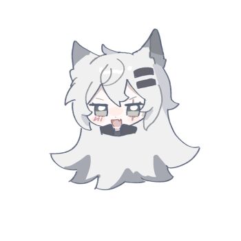 1girl animal_ears arknights black_jacket chibi collared_jacket cropped_shoulders dot_nose eyelashes fang grey_eyes grey_hair grey_shirt hair_between_eyes hair_ornament hairclip high_collar highres jacket lappland_(arknights) light_blush long_hair loose_hair_strand open_mouth parallel_hairclips qianwa_shi_biao scar scar_across_eye scar_on_face shirt simple_background skin_fang smile solo tsurime very_long_hair white_background wolf_ears