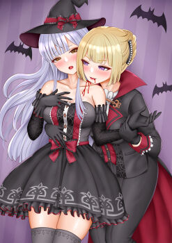 2girls arm_around_waist ascot assault_lily bare_shoulders bat_(animal) behind_another black_cape black_dress black_gloves black_hat black_jacket black_pants black_thighhighs blood blood_in_mouth blood_on_neck blunt_bangs blush bow breasts cape cleavage collarbone commentary cowboy_shot dress dress_bow fang frilled_dress frilled_gloves frilled_sleeves frills gloves grey_hair hair_ornament half-closed_eyes halloween hand_on_another&#039;s_stomach hand_on_own_chest hat heads_together highres holding_another&#039;s_wrist imai_tomohiro jacket kon_kanaho large_breasts leaning_forward long_hair looking_at_another looking_at_viewer looking_to_the_side miyagawa_takane multiple_girls mystical_high_collar official_alternate_costume official_alternate_hairstyle open_mouth pants parted_lips print_sleeves purple_background purple_eyes red_bow red_cape short_hair sidelocks sideways_glance sleeve_garter spider_web_print standing strapless strapless_dress striped_background thighhighs two-sided_cape two-sided_fabric v-shaped_eyebrows vampire vertical-striped_background very_long_hair white_ascot witch_hat yellow_eyes yuri zettai_ryouiki