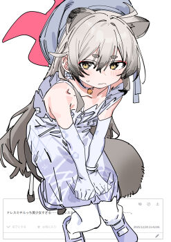 Rule 34 | 1girl, absurdres, animal ears, blue archive, closed mouth, double-parted bangs, dress, elbow gloves, embarrassed, frown, gloves, grey hair, grey shoes, hair between eyes, halo, haruyuki (gffewuoutgblubh), highres, long hair, looking at viewer, mary janes, medium dress, michiru (blue archive), michiru (dress) (blue archive), odaibako, official alternate costume, pantyhose, pink halo, raccoon ears, raccoon girl, raccoon tail, request inset, shoes, simple background, sleeveless, sleeveless dress, solo, standing, tail, very long hair, white background, white dress, white gloves, white pantyhose, yellow eyes