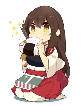 1girl akagi_(kancolle) arrow_(projectile) blush brown_gloves brown_hair chibi chibi_only commentary_request eating food food_on_face gloves hakama hakama_skirt highres holding holding_food japanese_clothes kantai_collection long_hair muneate ohagi_(iihatobu05) onigiri pantyhose partially_fingerless_gloves partly_fingerless_gloves red_hakama rice rice_on_face seiza simple_background single_glove sitting skirt solo sparkle tasuki white_background white_pantyhose wide_sleeves yellow_eyes yugake