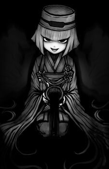 1girl absurdres chajinbou cup fate/grand_order fate_(series) ghost_hands greyscale hat highres holding holding_cup japanese_clothes kimono liquid looking_at_viewer monochrome nazo_no_diaboro open_mouth pouring seiza sen_no_rikyu_(fate) sen_no_rikyu_(first_ascension)_(fate) short_hair sitting smile solo