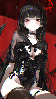 Rule 34 | 1girl, absurdres, alternate costume, black choker, black hair, black halo, black leotard, black thighhighs, black wings, blue archive, breasts, choker, closed mouth, commentary request, halo, highres, large breasts, leotard, long hair, looking at viewer, nanjo maya, red eyes, single thighhigh, sitting, solo, thigh strap, thighhighs, thighs, tsurugi (blue archive), very long hair, wings