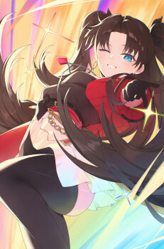 1girl black_gloves black_shirt black_thighhighs blue_eyes breasts brown_hair chyanu commentary earrings fate/stay_night fate_(series) gloves hair_ribbon highres honkai:_star_rail honkai_(series) hoop_earrings jacket jewelry long_hair looking_at_viewer medium_breasts miniskirt official_alternate_costume one_eye_closed pointing pointing_at_viewer red_jacket ribbon rin's_pendant_(fate) shirt skirt smile solo sparkle teeth thighhighs tohsaka_rin tohsaka_rin_(honkai:_star_rail) twintails white_skirt