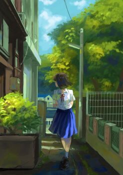 1girl air_conditioner apartment building fence grey_socks hedge house iron_fence meanstreet moss original path plant potted_plant power_lines procreate_(medium) road scenery socks street tree utility_pole