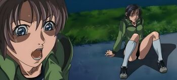 00s 2004 2girls bible_black bible_black_new_testament breasts brown_eyes brown_hair gym_shorts gym_uniform hair_ornament highres jacket multiple_girls open_mouth outdoors park pussy_juice running_shoes shin_bible_black shorts socks surprised tagme twintails
