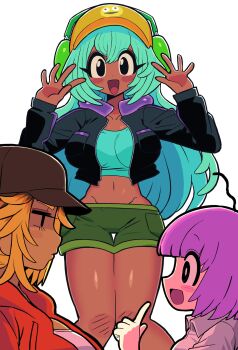 3girls aqua_hair black_eyes black_jacket blonde_hair bob_cut charlie_dompler crop_top dark-skinned_female dark_skin dolly_dimpley genderswap genderswap_(mtf) green_hat green_shorts hat headphones highres humanization jacket long_hair long_sleeves looking_at_viewer multiple_girls open_mouth orange_jacket pim_pimling pink_hair satanmanse shirt shorts smile smiley_face smiling_friends white_background white_shirt