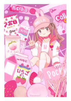 1girl :> animal_ear_headwear animal_ears animal_print ankle_socks artist_name blush_stickers border box brown_eyes brown_hair calpis carton choker closed_mouth commentary deformed drink_carton english_commentary fake_animal_ears food fruit full_body hand_rest hand_up hat heart_pin highres hood hood_down hoodie kirabunni knees_up long_hair long_sleeves milk_carton mini_person minigirl multicolored_shoes no_nose no_sclera open_clothes open_hoodie original peach pink_choker pink_hat pink_shoes pink_theme pocky pocky_strawberry puccho_(candy) rabbit_ears rabbit_print shirt shoes sitting smile socks solo strawberry strawberry_milk t-shirt traditional_media twintails two-tone_shoes v watermark white_border white_shirt white_shoes white_sleeves white_socks