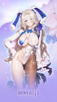 1girl animal_ears animal_hands blue_bow blue_bowtie blue_eyes bow bowtie brown_dust_(series) brown_dust_2 darian_silverstein fake_animal_ears gloves heart_pasties highres long_hair nontraditional_playboy_bunny official_art official_wallpaper pantyhose pasties paw_gloves rabbit_ears shiny_skin smile snowflakes snowing white_hair