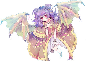 1girl blush collared_dress dragon_girl dragon_wings dress fire_emblem fire_emblem:_the_sacred_stones gold_trim green_wings highres layered_dress light_particles light_smile long_eyelashes looking_at_viewer myrrh_(fire_emblem) nintendo pale_skin pata_(teihanpatsu) purple_hair red_eyes shawl twintails white_background wings wrist_cuffs