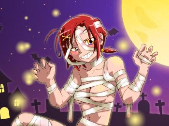 1girl ahoge animal bandaged_arm bandaged_hand bandaged_head bandaged_leg bandages bat_(animal) blush breasts claw_pose cleavage collarbone cross full_moon graveyard grin hair_ornament halloween halloween_costume haunted_house_(attraction) hino_akane_(smile_precure!) house looking_at_viewer medium_breasts moon mummy mummy_costume naked_bandage navel night night_sky nude onnaski precure red_hair sharp_teeth short_hair sitting sky smile smile_precure! star_(sky) starry_sky teeth tombstone upper_body x_hair_ornament yellow_eyes