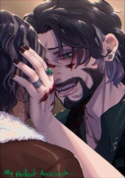 2boys absurdres bags_under_eyes beard black_hair blackberreh-art blood blood_on_face blush collared_shirt dark-skinned_male dark_skin design_speculation elias_bouchard facial_hair frown_lines grey_hair highres jewelry jonathan_sims lips male_focus mature_male mole mole_under_mouth multiple_boys ring scar shirt smile smile_lines teeth the_magnus_archives yaoi