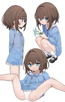 1girl black_shoes blue_bow blue_bowtie blue_dress blue_eyes bow bowtie brown_hair character_request closed_mouth commentary_request dress flat_chest flower frilled_dress frills hair_ornament hairclip holding holding_flower loli long_sleeves looking_at_viewer mary_janes multiple_views open_mouth panties pkpkpppk shoes simple_background socks spread_legs squatting underwear white_background white_panties white_socks wuthering_waves