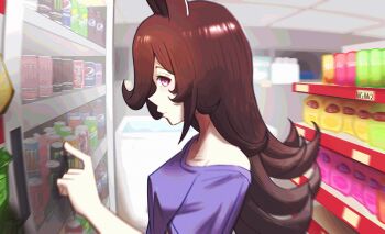 1girl absurdres animal_ears brown_hair closed_mouth commentary convenience_store drink english_commentary from_side highres horse_ears horse_girl long_hair monster_energy ngmq purple_eyes purple_shirt rice_shower_(umamusume) shirt shop solo umamusume