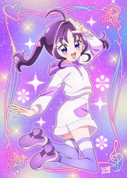 1girl :d ahoge arm_up artist_name blush breasts commentary cure_nico diamond-shaped_pupils diamond_(shape) dot_nose drawstring full_body glitter gradient_background hair_intakes happy heart heart_background highres hood hood_down hoodie kimi_to_idol_precure legs_up long_sleeves looking_at_viewer looking_back medium_breasts midair midriff_peek miniskirt musical_note_background open_mouth patterned_background precure purple_background purple_eyes purple_hair purple_hoodie purple_shoes purple_skirt purple_theme purple_thighhighs salute shigure_kokoro shoe_soles shoes skirt smile solo sparkle star_(symbol) star_symbol_background symbol-shaped_pupils teeth thighhighs treble_clef twintails upper_teeth_only zettai_ryouiki