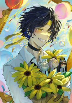 1boy aji_chii asaba_harumasa balloon black_choker black_hair blush bouquet character_doll choker collarbone commentary doll earrings english_commentary flower gloves grin half-closed_eyes happy_birthday headband highres holding holding_bouquet hoshimi_miyabi jewelry male_focus outdoors parted_bangs parted_lips shirt short_hair smile solo soukaku_(zenless_zone_zero) tsukishiro_yanagi twitter_username upper_body white_shirt yellow_eyes yellow_flower yellow_gloves yellow_headband zenless_zone_zero