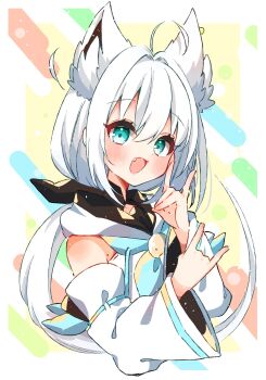 1girl ahoge animal_ear_fluff animal_ears aqua_neckerchief black_bow bow commentary_request cropped_torso detached_sleeves double_fox_shadow_puppet extra_ears fang fox_ears fox_girl fox_shadow_puppet green_eyes hair_between_eyes hair_bow highres hololive hooded_shirt kamimura_hiiro light_blush long_hair looking_at_viewer low_ponytail neckerchief open_mouth ponytail shirakami_fubuki shirakami_fubuki_(1st_costume) shirt sleeveless sleeveless_shirt smile solo upper_body virtual_youtuber white_hair white_shirt