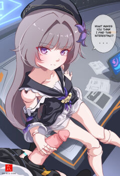 1futa 1girl beret black_headwear black_shirt blunt_bangs blush breasts closed_mouth clothing_cutout collarbone commentary doll_joints dr-alu english_commentary english_text erection expressionless eyelashes feet_out_of_frame flower from_above frown futa_with_female futanari grey_hair grey_shorts hair_flower hair_intakes hair_ornament handjob hat herta_(puppet)_(honkai:_star_rail) honkai:_star_rail honkai_(series) indoors joints loli long_hair penis penis_out pov purple_eyes purple_flower shirt short_shorts shorts shoulder_cutout sidelocks sitting small_breasts stelle_(honkai:_star_rail) thighs trailblazer_(honkai:_star_rail) uncensored wide_sleeves