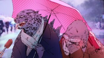 absurdres blurry blurry_background covering_face crossover embarrassed facepalm godzilla godzilla_(series) godzilla_x_kong:_the_new_empire gorilla hand_on_own_face highres holding holding_umbrella hyde_(tabakko) interview kaiju king_kong king_kong_(series) kong_(monsterverse) legendary_pictures long_sleeves meme microphone monsterverse no_humans open_mouth outdoors pink_umbrella polka_dot polka_dot_umbrella scarf shared_umbrella special_feeling_(meme) toho umbrella upper_body white_scarf winter_clothes