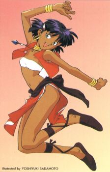 arched_back arm_up bandeau bare_shoulders belt blue_gemstone bob_cut bracelet breasts brown_belt brown_sandals brown_sash cropped_vest cross-laced_sandals curled_fingers dark-skinned_female dark_skin earrings english_text excited feet_up floating_neckwear from_side full_body fushigi_no_umi_no_nadia gem gold_bracelet gold_earrings gradient_background green_eyes hair_ornament hairclip happy hoop_earrings jewelry jumping looking_at_viewer looking_to_the_side midriff nadia_la_arwall navel neck_ring necklace official_art open_clothes open_vest orange_background outstretched_arm pelvic_curtain pendant purple_hair red_skirt red_vest sadamoto_yoshiyuki sandals scan short_hair skirt sleeveless small_breasts strapless thighs third-party_source tube_top turning_head vest white_bandeau white_trim yellow_background